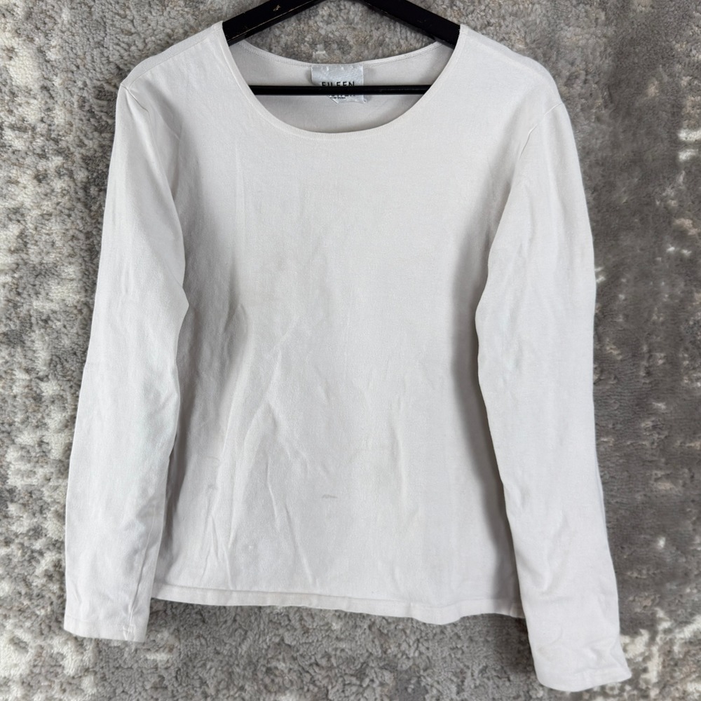 Eileen Fisher Size L Cotton Lycra Stretch Crew Neck Top White Long Sleeve Women